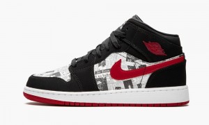 Nike Air Jordan 1 MID SE (GS) 'Newspaper' Lasten Kengät Mustat Punainen Valkoinen | 217FGVCQD