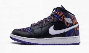 Nike Air Jordan 1 MID SE (GS) 'Tiger Print' Lasten Kengät Mustat Valkoinen Violetit | 390FNKLOX
