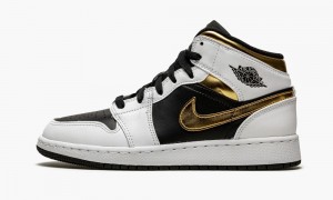 Nike Air Jordan 1 Mid GS 'White / Gold / Black' Lasten Kengät Valkoinen Mustat | 764FGJHYI
