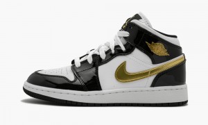 Nike Air Jordan 1 Mid SE (GS) 'Black Gold Kiiltonahka Nahkaiset' Lasten Kengät Mustat Metal Kultaiset Valkoinen | 573CYNJTQ