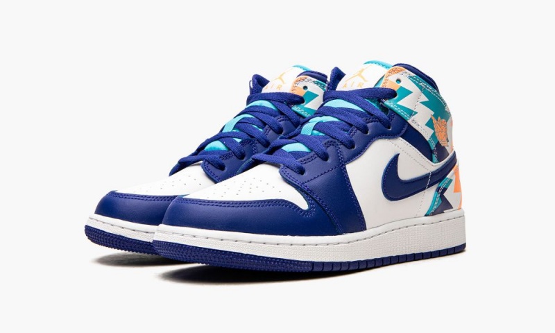 Nike Air Jordan 1 Mid GS 'Geometric Print' Lasten Kengät Valkoinen Sininen | 295KNVGWZ