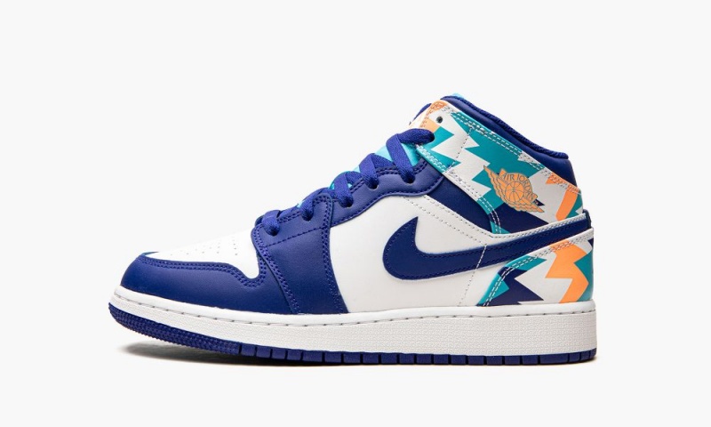 Nike Air Jordan 1 Mid GS \'Geometric Print\' Lasten Kengät Valkoinen Sininen | 295KNVGWZ
