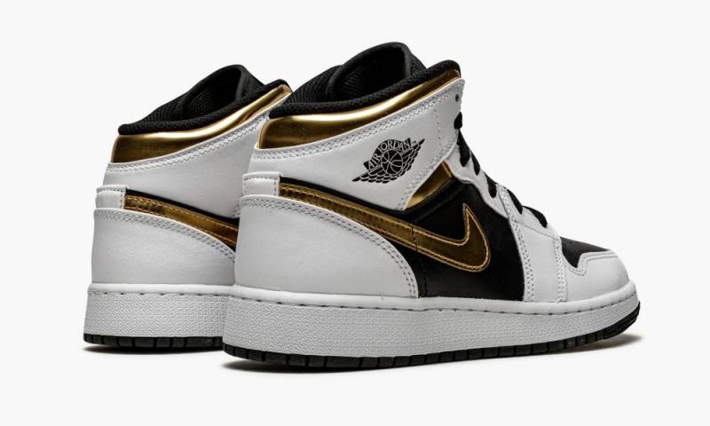 Nike Air Jordan 1 Mid GS 'White / Gold / Black' Lasten Kengät Valkoinen Mustat | 764FGJHYI