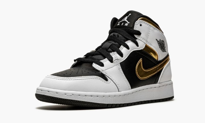 Nike Air Jordan 1 Mid GS 'White / Gold / Black' Lasten Kengät Valkoinen Mustat | 764FGJHYI