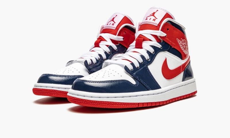 Nike Air Jordan 1 Mid 'Kiiltonahka Nahkaiset Navy / White / Red' Naisten Kengät Laivastonsininen Punainen Valkoinen | 356ZPRXYT