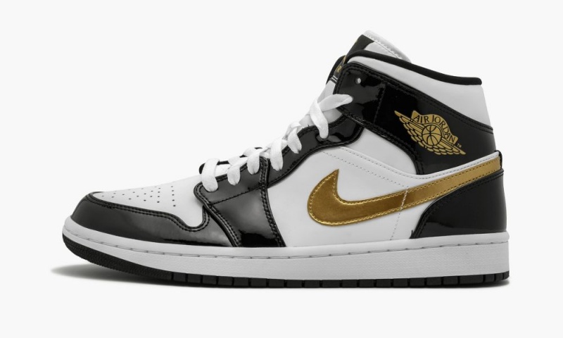 Nike Air Jordan 1 Mid SE \'Black Gold Kiiltonahka Nahkaiset\' Miesten Kengät Mustat Metal Kultaiset Valkoinen | 106GTHVNP