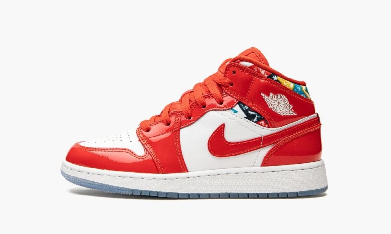 Nike Air Jordan 1 Mid SE GS \'Barcelona Villa Red Kiiltonahka\' Lasten Kengät Punainen Valkoinen | 042LXSYFZ