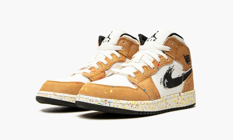 Nike Air Jordan 1 Mid SE GS 'Brushstroke' Lasten Kengät Valkoinen Punainen Ruskea | 637DETYQC